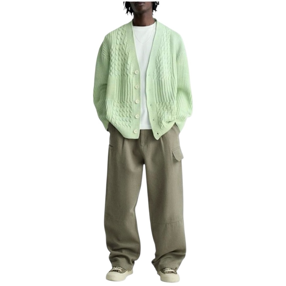 NWT ZARA Woven Cable Knit Sweater Cardigan in Blue/Green - Size L - Picture 8 of 12